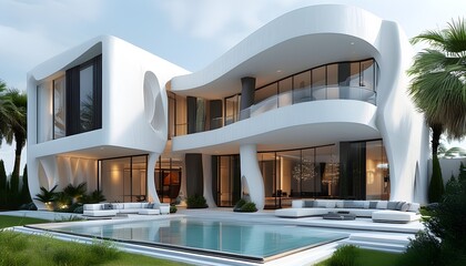 Sticker - Innovative Artistic Villa Design Outdoors Featuring Modernism in White and Captivating Bizarre Elements