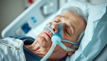 Hospital Ward. Portrait of Elderly man Wearing Oxygen Mask Sleeping in Bed close up, Recovering after Sickness. Old grandfather laying and resting. Grandpa have breathing problems. Aged male patient.