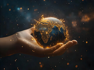 Poster - A hand holding a glowing, digital Earth with intricate lights, symbolizing connectivity and global awareness.