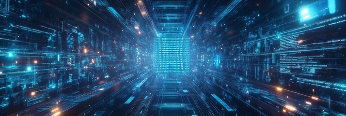 Aufkleber - Long digital corridor filled with streaming code and data. Concept of coding and cyber networks.