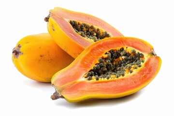 Sticker - Fresh papaya cut in half, sitting on a white background