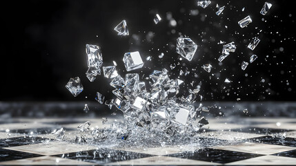 Poster - Ice cubes splashing on a chessboard, creating a stunning visual effect with water droplets.
