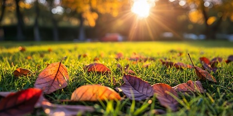 Poster - Autumn leaves on a grassy lawn with the sun shining through the trees.