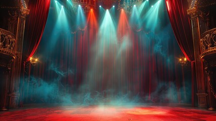 Aufkleber - A circus stage with a spotlight, red and turquoise colors.