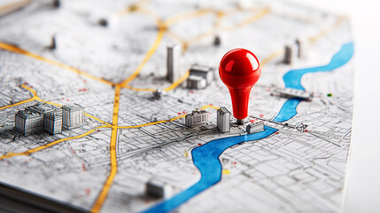 Wall Mural - red pin is marking a specific location on a 3d city map with buildings and a river