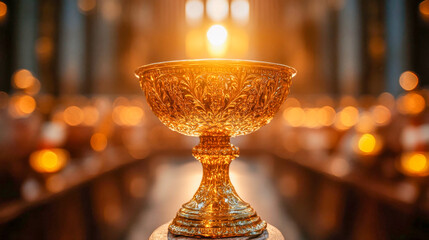 Golden chalice on church altar with burning candles during ceremony