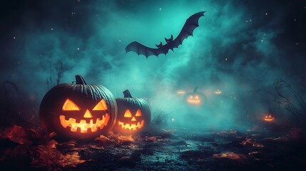 Poster - Halloween night frame bats circling above glowing Jack O' Lanterns on a foggy eerie night