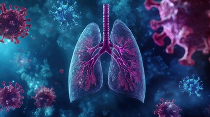 Wall Mural - Detailed 3D Illustration of Human Lungs Surrounded by Viruses in a Medical and Scientific Context