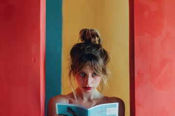 Wall Mural - A person sitting and reading a book with a vibrant colored background, great for education or literature themes