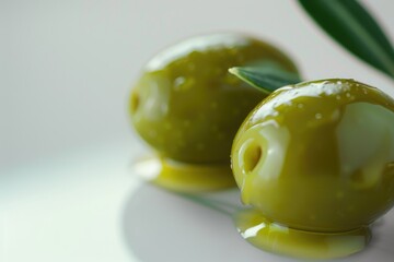 Wall Mural - A pair of green olives perched atop a white plate, perfect for garnishing cocktails or adding flavor to dishes