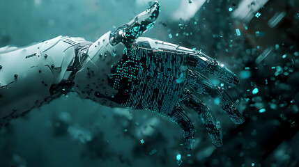 Poster - Futuristic robotic hand reaching through a digital environment with abstract particles.
