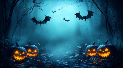 Poster - Halloween night frame floating bats and glowing Jack O' Lanterns in the background