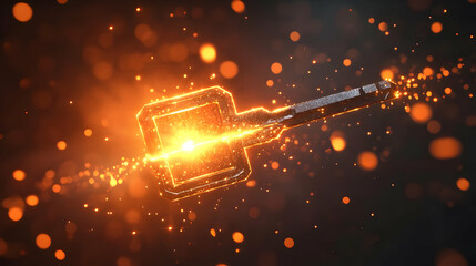 Poster - Futuristic glowing device with sparks and particles, dark background.