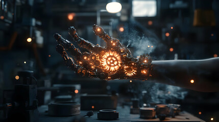 Poster - Futuristic robotic hand with glowing gears, showcasing advanced mechanics and craftsmanship.