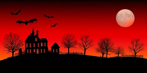 Poster - A spooky silhouette of a haunted house with a full moon in the sky.