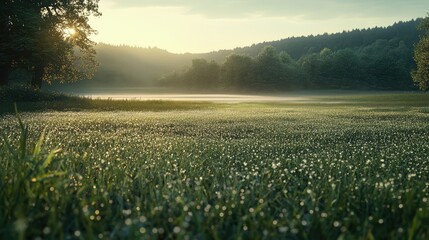 A calm meadow at dawn, with dew-covered grass shimmering in the early morning light and a distant forest framing the scene.