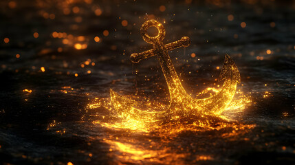 Poster - Golden anchor splashing in water, creating a mesmerizing effect with glowing droplets.