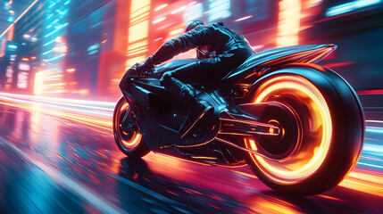 Poster - Futuristic motorcycle speeding through neon city streets at night, vibrant lights reflecting on wet pavement.