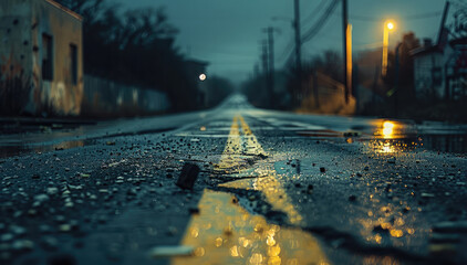 Poster - Close-up of road of abandoned industrial part of town during dark night.