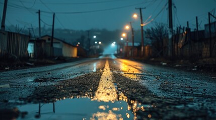 Poster - Close-up of road of abandoned industrial part of town during dark night.