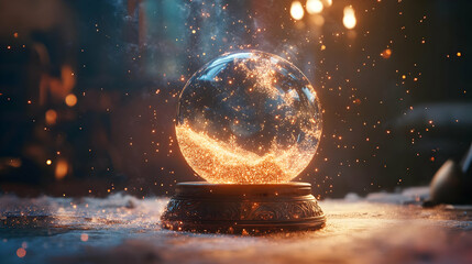 Poster - A mystical snow globe with swirling cosmic elements and glowing lights on a wooden surface.