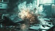 © Wayu - Digital Meltdown A computer explodes in a fiery inferno on a wooden desk, sparks and debris flying, embodying the chaos of technological failure.