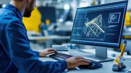 Poster - Engineer Working on Computer with Technical Blueprint