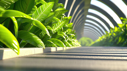 Lush greenery lines smooth asphalt pathway, creating serene and inviting atmosphere. vibrant leaves contrast beautifully with structured design, enhancing tranquil setting