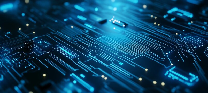A futuristic, metallic circuit board background with glowing lines and text space