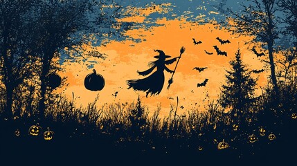 Poster - Halloween party border a mix of pumpkins bats and witches on broomsticks