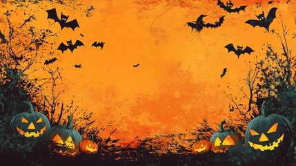 Poster - Halloween party border a mix of pumpkins bats and witches on broomsticks