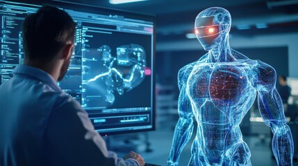 Poster - Futuristic Robot and Scientist in High-Tech Laboratory