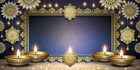 Elegant diwali festival banner with decorative diyas and ornate frame