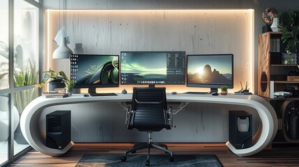 Poster - A modern office desk setup, modern chair, and organized shelving.