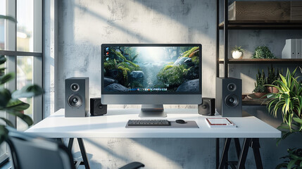 Aufkleber - A modern office desk setup, modern chair, and organized shelving.