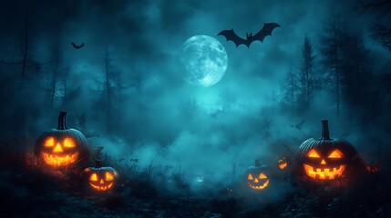 Poster - Halloween party border eerie ghost shapes flying bats and creepy glowing Jack O' Lanterns framing a misty forest backdrop under a full moon