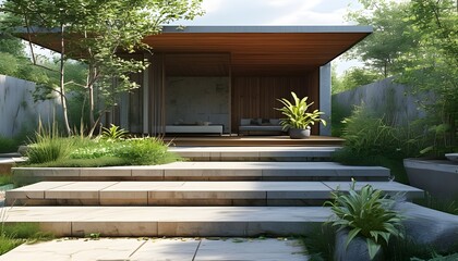 Minimalist architectural garden featuring wooden terrace, flat stone steps, and lush plants designed with generative AI elegance