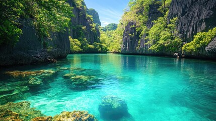 Wall Mural - A crystal-clear turquoise lagoon surrounded by tall limestone cliffs, with tropical vegetation clinging to the rock face.