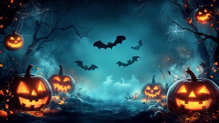 Poster - Halloween party border glowing pumpkins bats flying and eerie cobwebs surrounding the edges all set against a dark foggy night sky