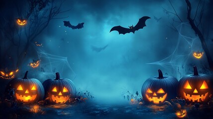 Poster - Halloween party border glowing pumpkins bats flying and eerie cobwebs surrounding the edges all set against a dark foggy night sky
