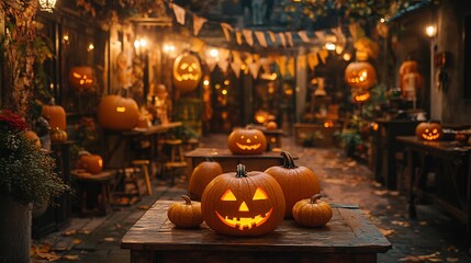 Fototapete - Halloween party decorations festive pumpkins and ghostly banners hanging around the space