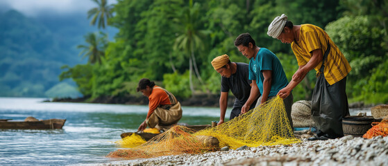 Fishermen work along a serene riverbank, skillfully casting nets to catch fish in a lush, tropical landscape.