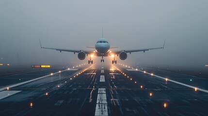 Poster - A plane landing on a foggy morning, the runway barely visible as the aircraft touches down.