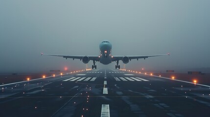 Poster - A plane landing on a foggy morning, the runway barely visible as the aircraft touches down.