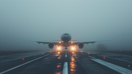 Poster - A plane landing on a foggy morning, the runway barely visible as the aircraft touches down.