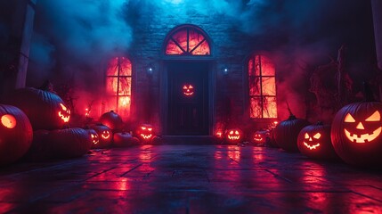 Fototapete - halloween party setup a haunted house and eerie decorations for a spooky atmosphere