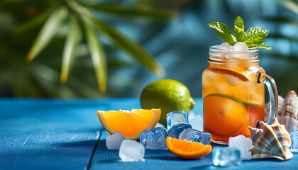 Tropical Summer Refreshments: Beverage Cans, Ice, Seashells, and Citrus Slices on a Blue Table