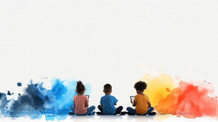 
Smiling children, two brothers and a sister, play with a computer together, enjoying childhood fun

