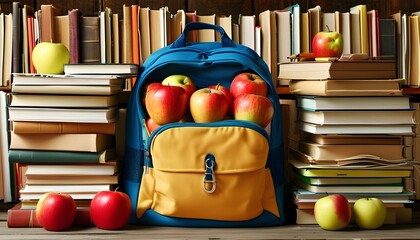 Back to School: Creative Banner Featuring School Backpack, Stack of Books, and Fresh Apple