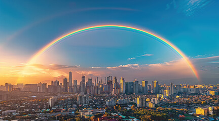 Poster - A vibrant cityscape under a clear blue sky, with a perfect rainbow arching over the city.